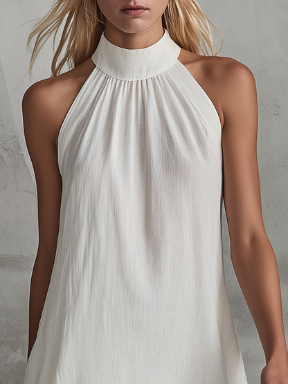 Retro-elegant White Sleeveless Ruffled Cotton-linen Midi Dress