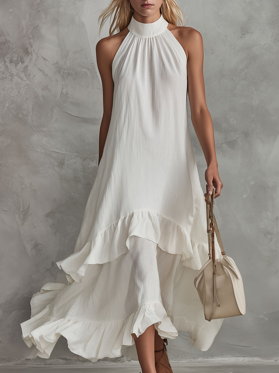 Retro-elegant White Sleeveless Ruffled Cotton-linen Midi Dress