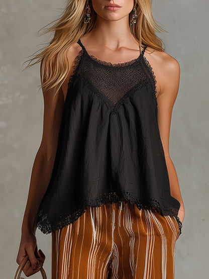 Vintage Lace Black Cotton Linen Camisole And Caramel Chiffon Trousers Set