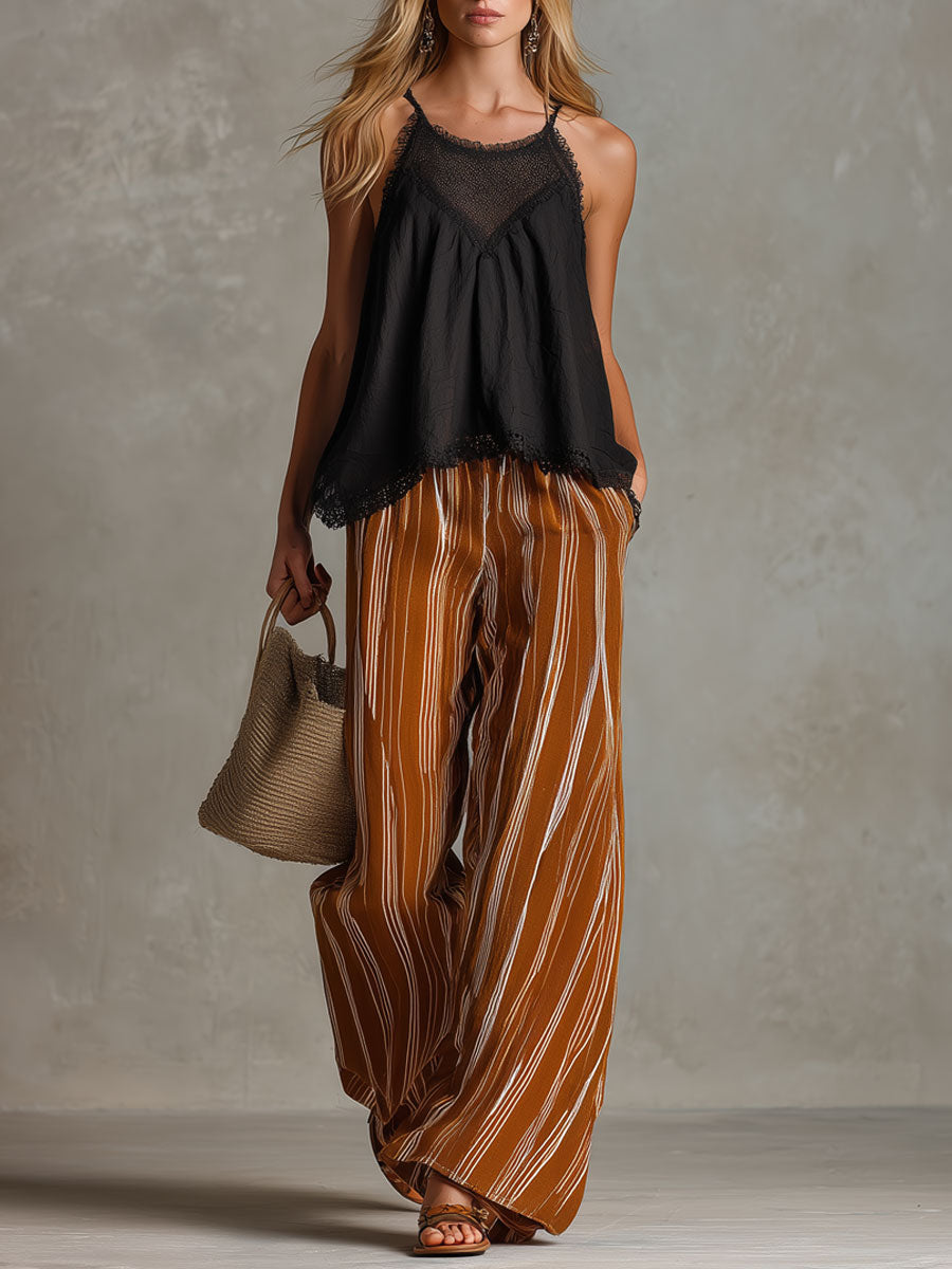 Vintage Lace Black Cotton Linen Camisole And Caramel Chiffon Trousers Set