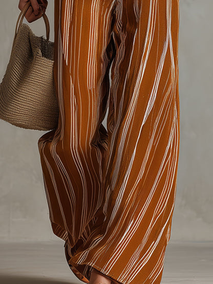 Vintage Lace Black Cotton Linen Camisole And Caramel Chiffon Trousers Set