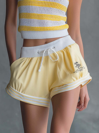 Stylish Athletic V-Neck Striped Knit Top And Cotton Shorts Set