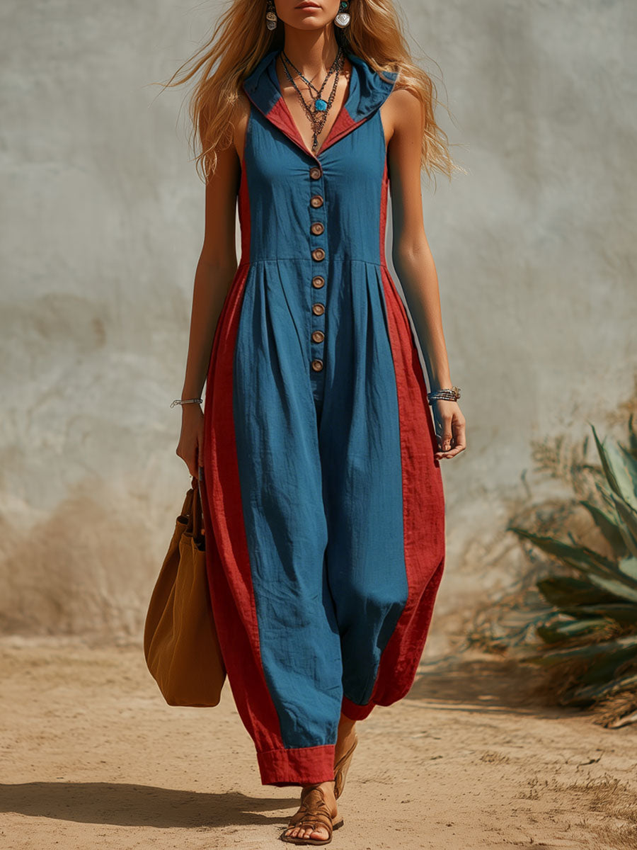 Color-blocked Cotton And Linen Patchwork Hooded Sleeveless Jumpsuit