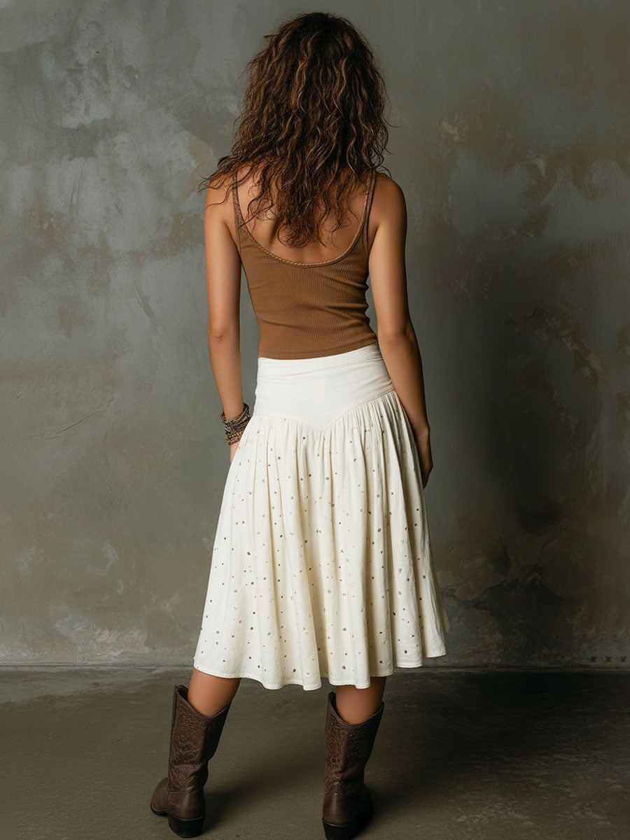 Western Retro Polka Dot Off-white Denim Pleated Midi Skirt