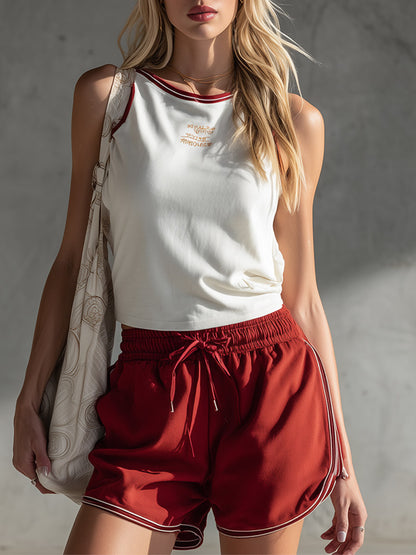 Retro Sport Style White Tank Top And Red Shorts Cotton Set