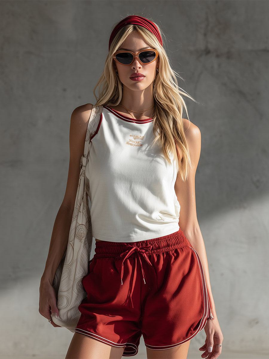 Retro Sport Style White Tank Top And Red Shorts Cotton Set