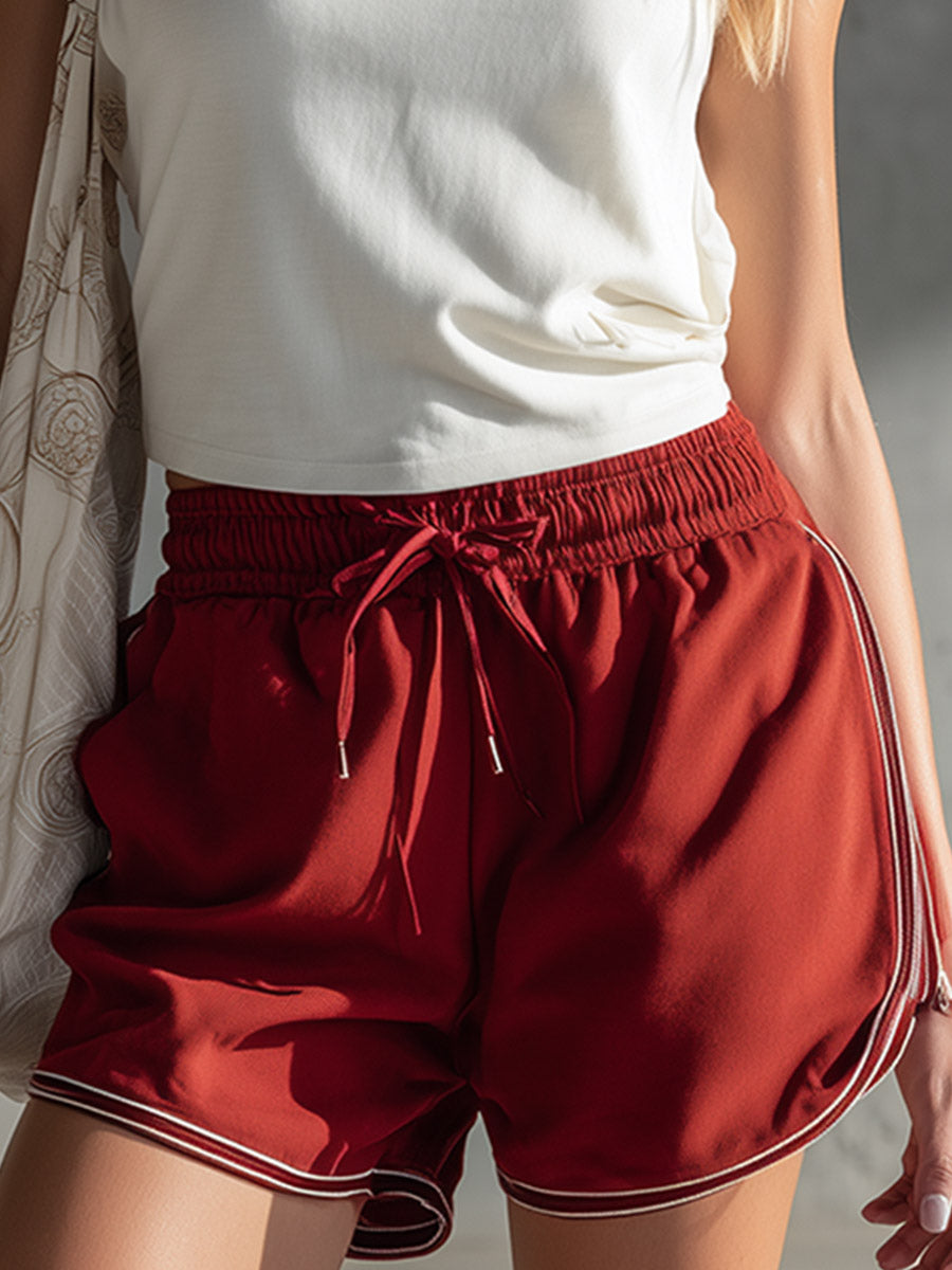 Retro Sport Style White Tank Top And Red Shorts Cotton Set
