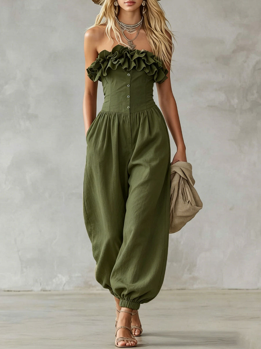 Solid Color Ruffled Sleeveless Cotton Linen Jumpsuit