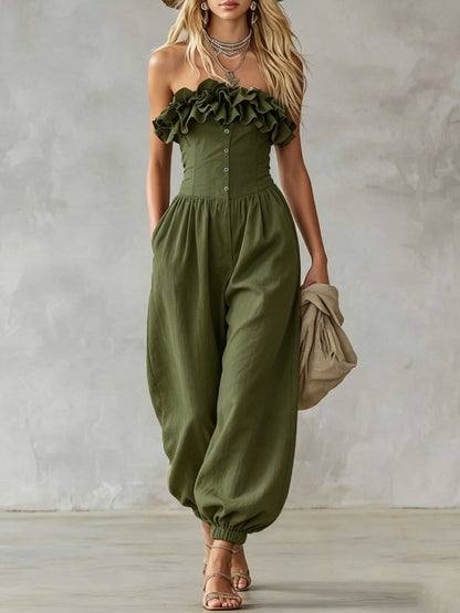 Solid Color Ruffled Sleeveless Cotton Linen Jumpsuit