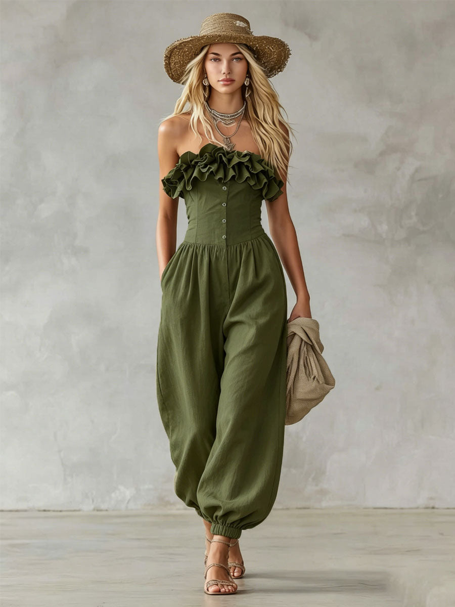 Solid Color Ruffled Sleeveless Cotton Linen Jumpsuit