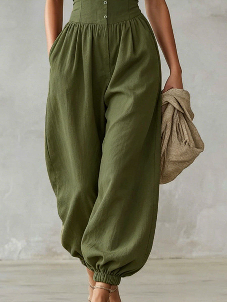 Solid Color Ruffled Sleeveless Cotton Linen Jumpsuit