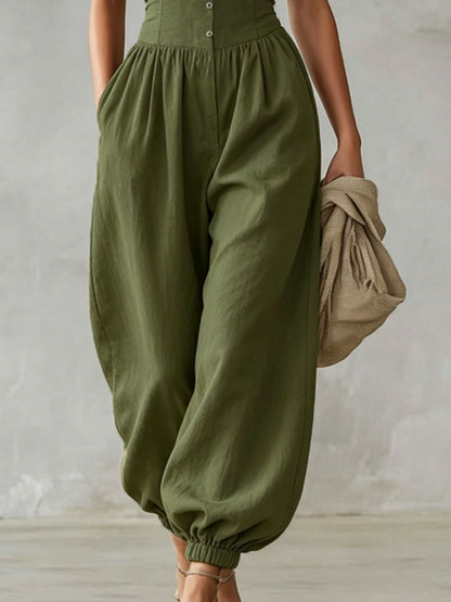 Solid Color Ruffled Sleeveless Cotton Linen Jumpsuit
