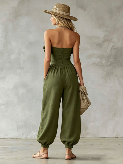 Solid Color Ruffled Sleeveless Cotton Linen Jumpsuit
