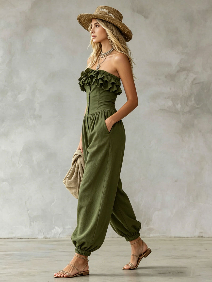 Solid Color Ruffled Sleeveless Cotton Linen Jumpsuit