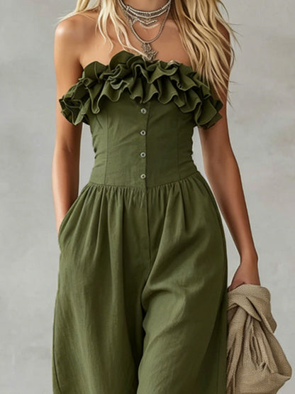 Solid Color Ruffled Sleeveless Cotton Linen Jumpsuit