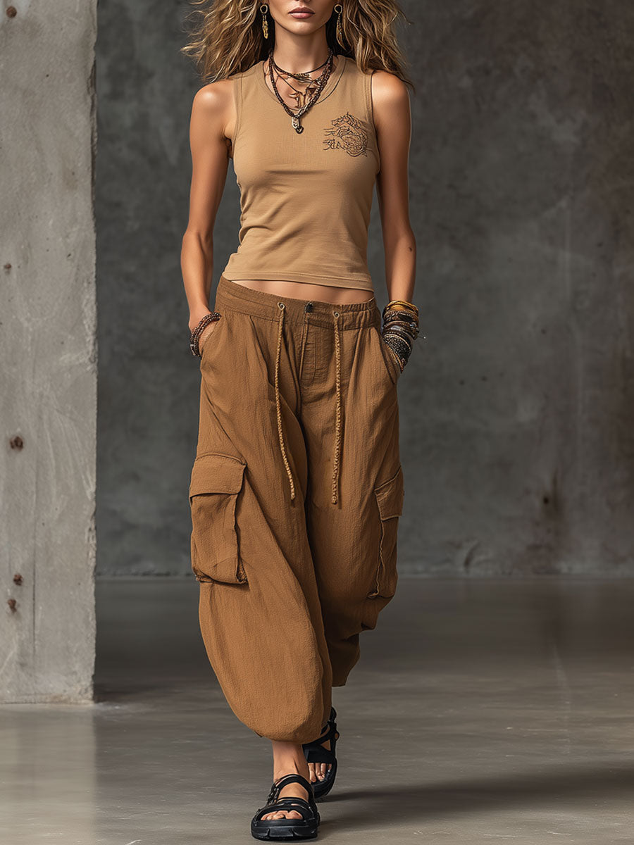 Casual Retro Embroidered Camel Cotton Vest Linen Workwear Balloon Pants Set