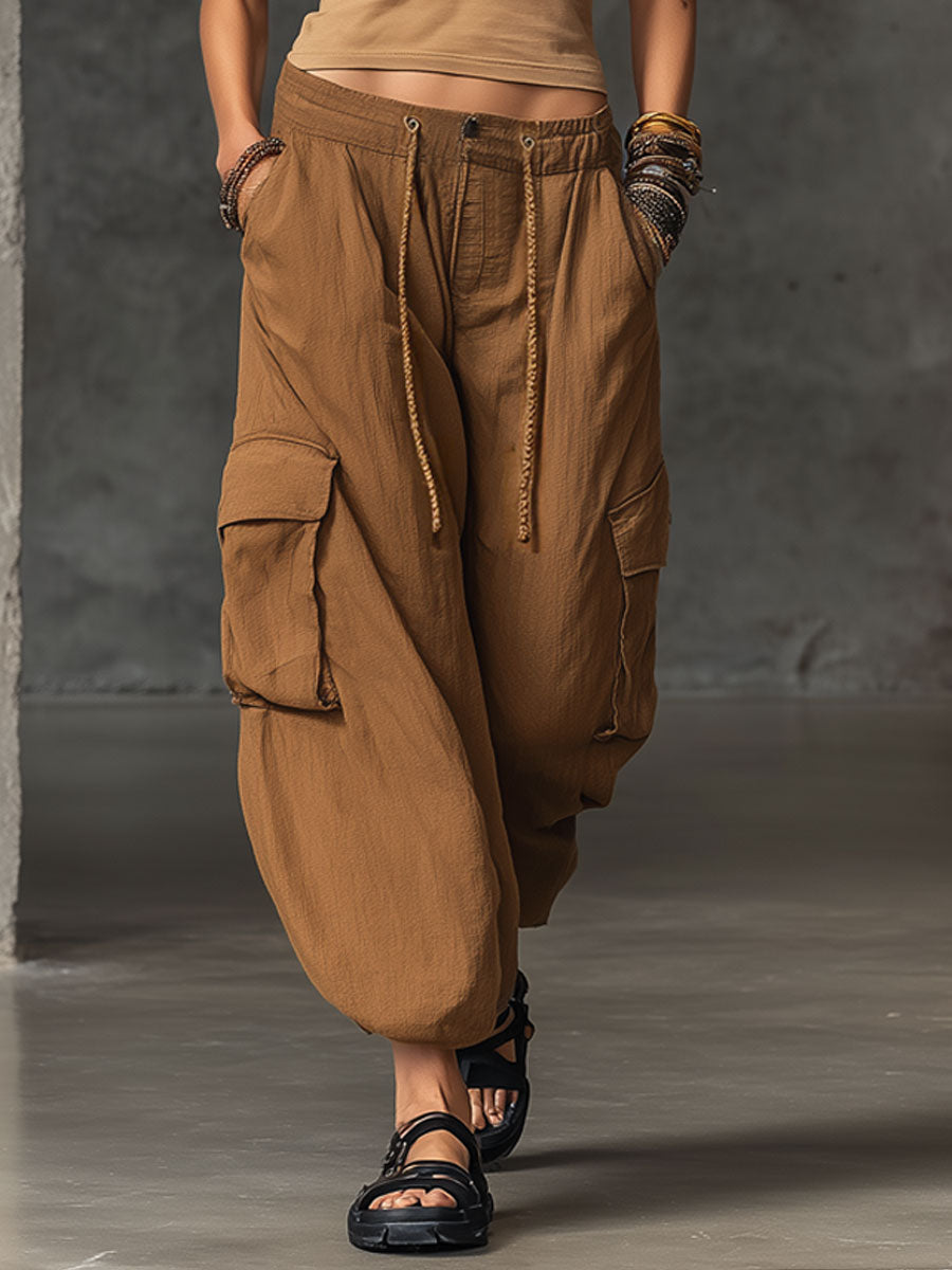 Casual Retro Embroidered Camel Cotton Vest Linen Workwear Balloon Pants Set