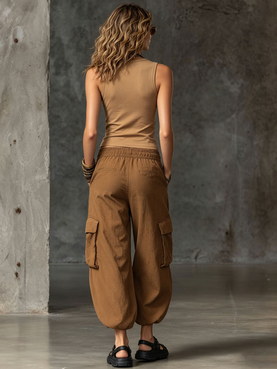 Casual Retro Embroidered Camel Cotton Vest Linen Workwear Balloon Pants Set