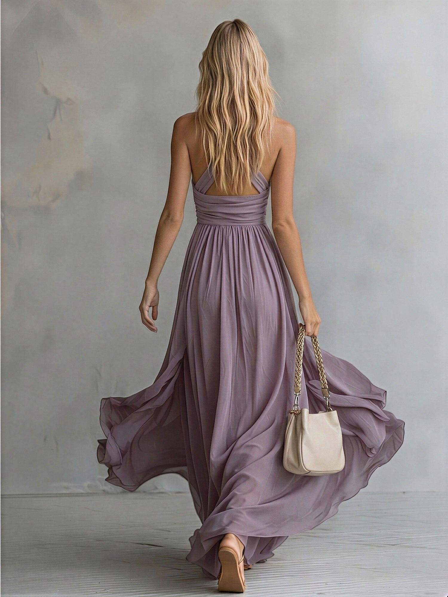 Elegant And Stylish Halter Neck V-neck Sleeveless Chiffon Maxi Dress