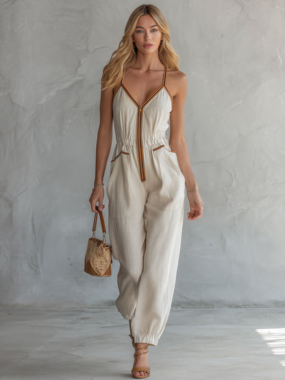 Retro Casual Color-blocked Beige Sleeveless V-neck Cotton And Linen Jumpsuit