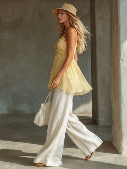 A Light Yellow Chiffon Sleeveless Top And Cotton-linen Wide-leg Trousers Set