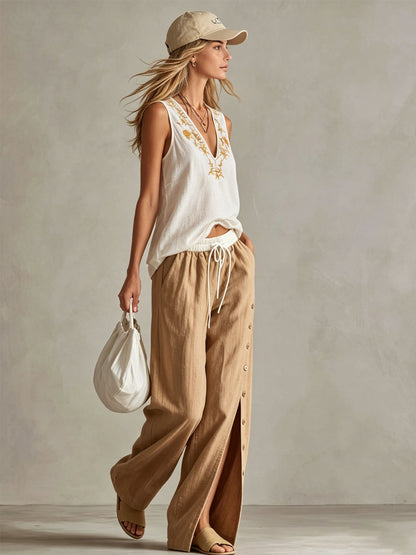 Retro Embroidered Sleeveless V-neck Top And Wide-leg Cotton Linen Set