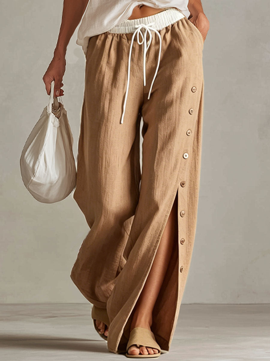 Retro Embroidered Sleeveless V-neck Top And Wide-leg Cotton Linen Set