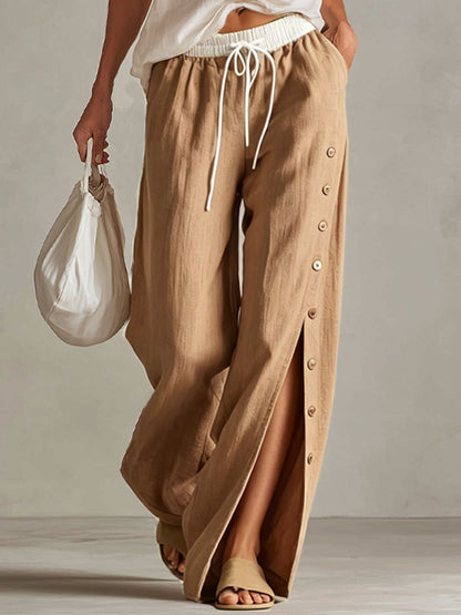 Retro Embroidered Sleeveless V-neck Top And Wide-leg Cotton Linen Set