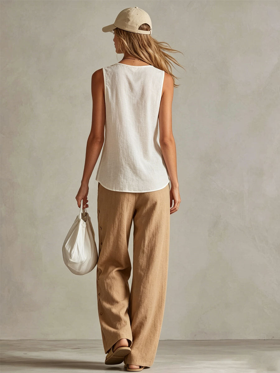 Retro Embroidered Sleeveless V-neck Top And Wide-leg Cotton Linen Set