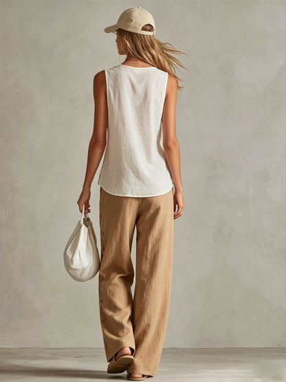 Retro Embroidered Sleeveless V-neck Top And Wide-leg Cotton Linen Set