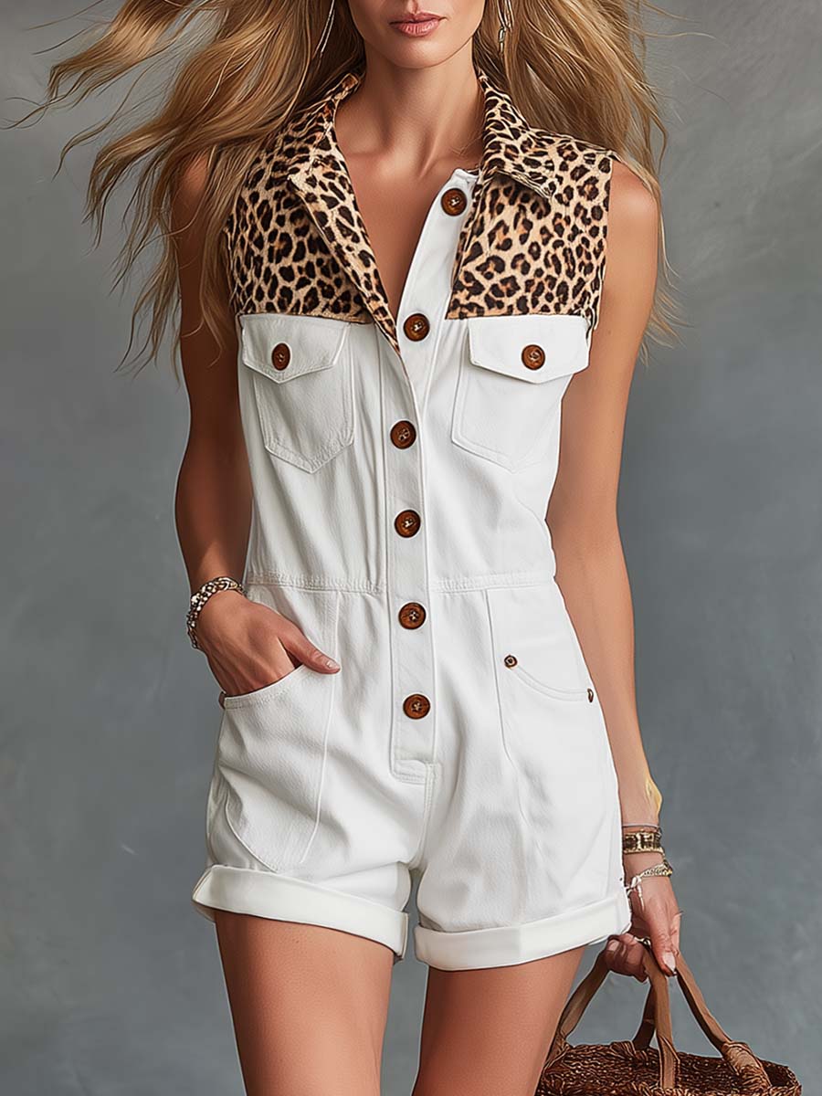 Retro Casual Lapel Front Buttons White Denim Shorts Jumpsuit