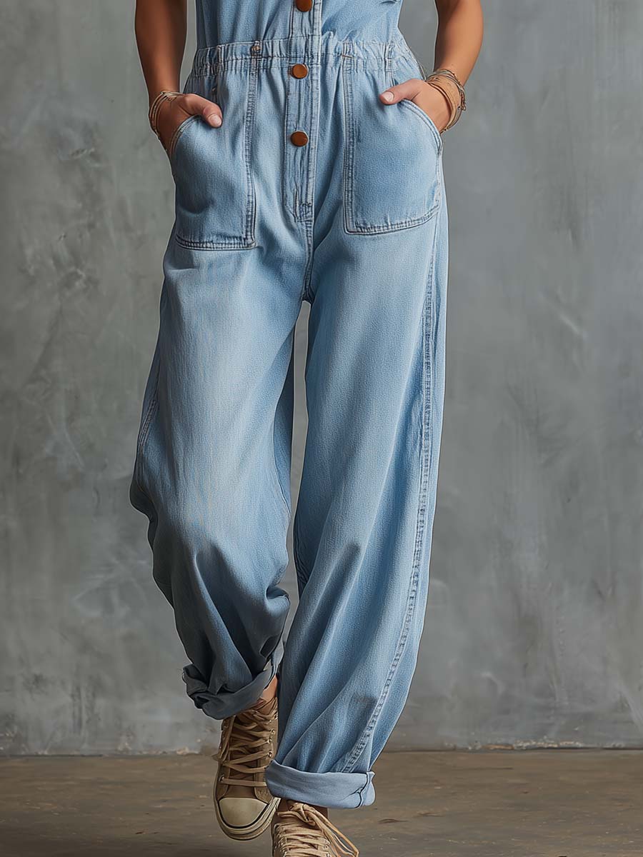Retro Western Leopard Print Contrast Light Blue Denim Jumpsuit