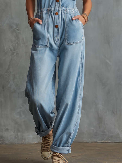 Retro Western Leopard Print Contrast Light Blue Denim Jumpsuit