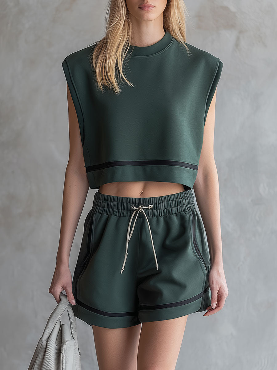 Retro Casual Sporty Green Crew Neck Sleeveless Tissue Top And Shorts Set