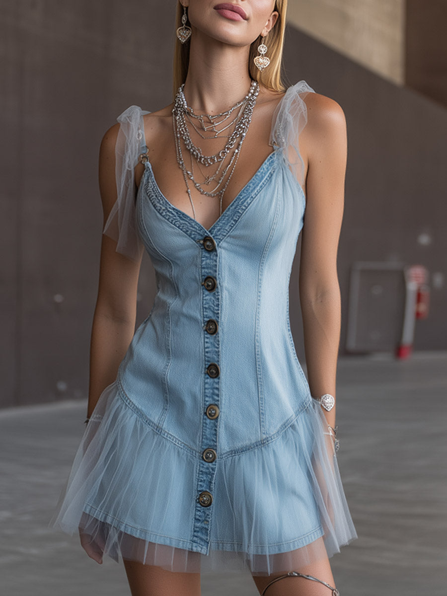 Chic And Elegant Light Blue Denim Patchwork Tulle Mini Dress