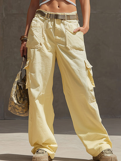 Retro-Casual White Sports Tank Top And Yellow Cargo Pants Set