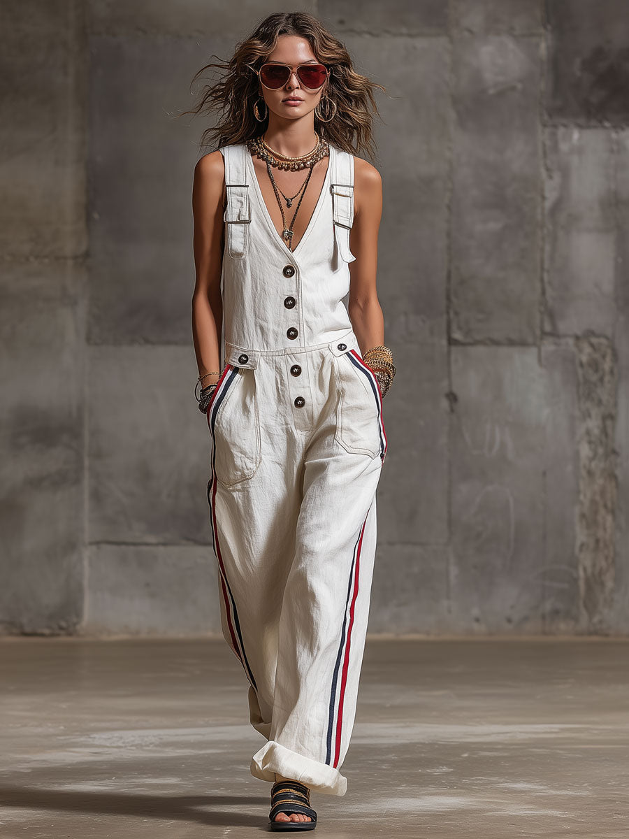 Casual Retro Striped Webbing White Cotton Linen Sleeveless Overalls Jumpsuit