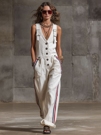 Casual Retro Striped Webbing White Cotton Linen Sleeveless Overalls Jumpsuit
