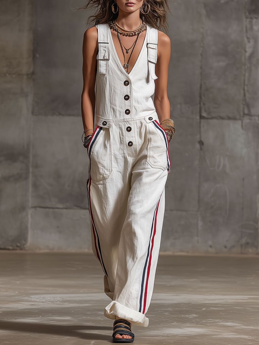 Casual Retro Striped Webbing White Cotton Linen Sleeveless Overalls Jumpsuit