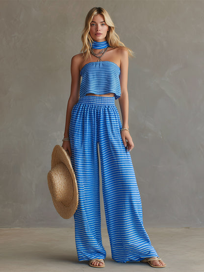 Chic Blue Striped Off-the-Shoulder Bandeau Top And Wide-Leg Pants Set