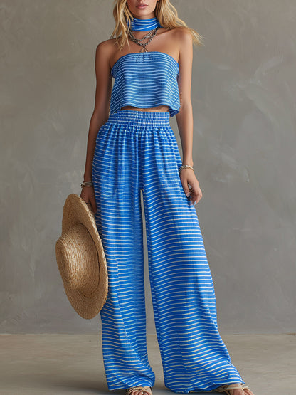 Chic Blue Striped Off-the-Shoulder Bandeau Top And Wide-Leg Pants Set