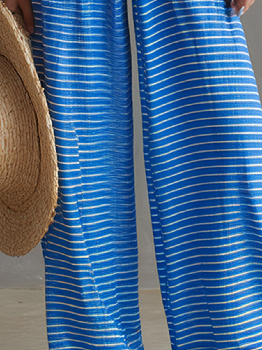 Chic Blue Striped Off-the-Shoulder Bandeau Top And Wide-Leg Pants Set