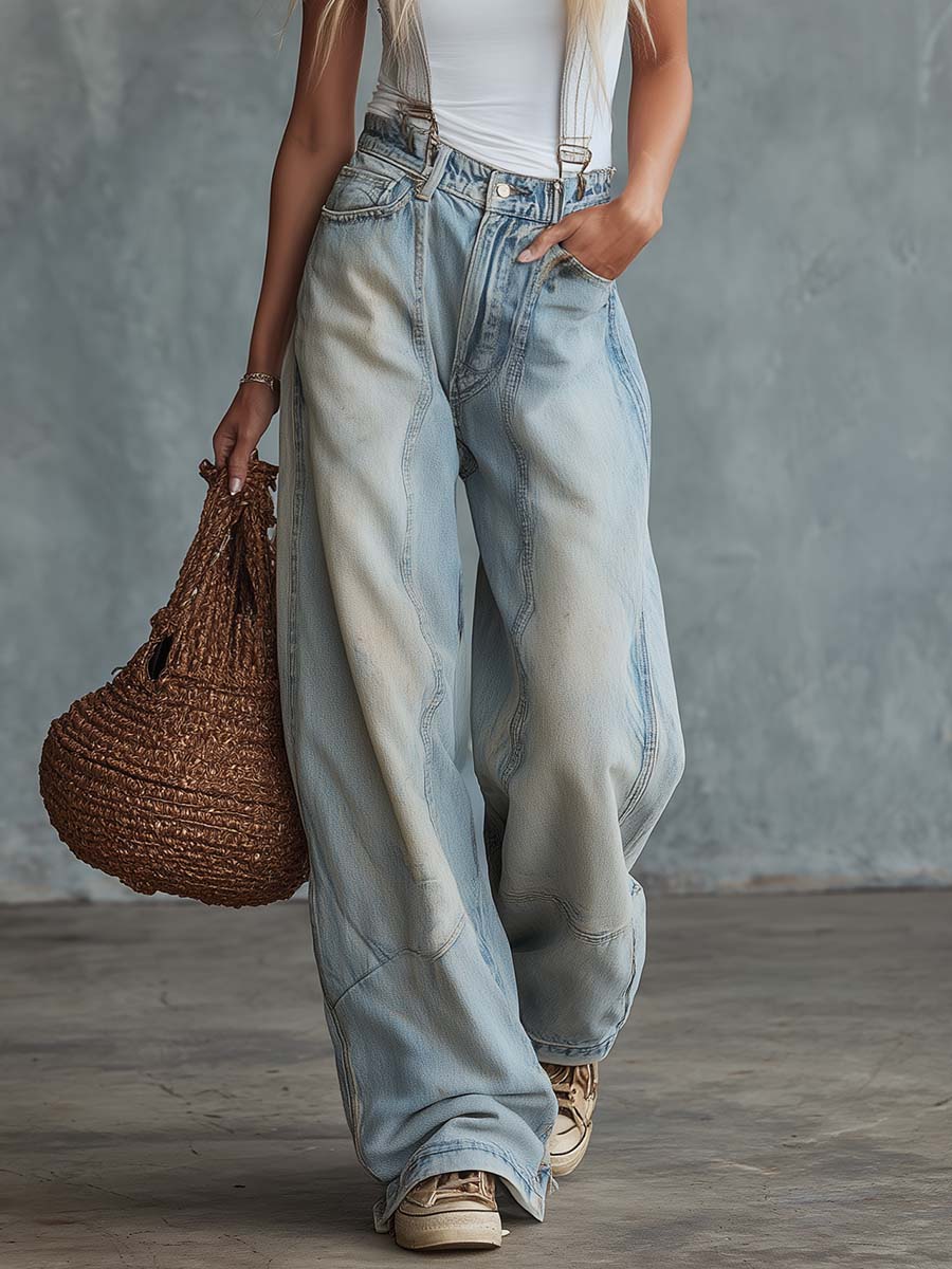 Retro Casual Distressed Light Blue Denim Wide-Leg Overalls