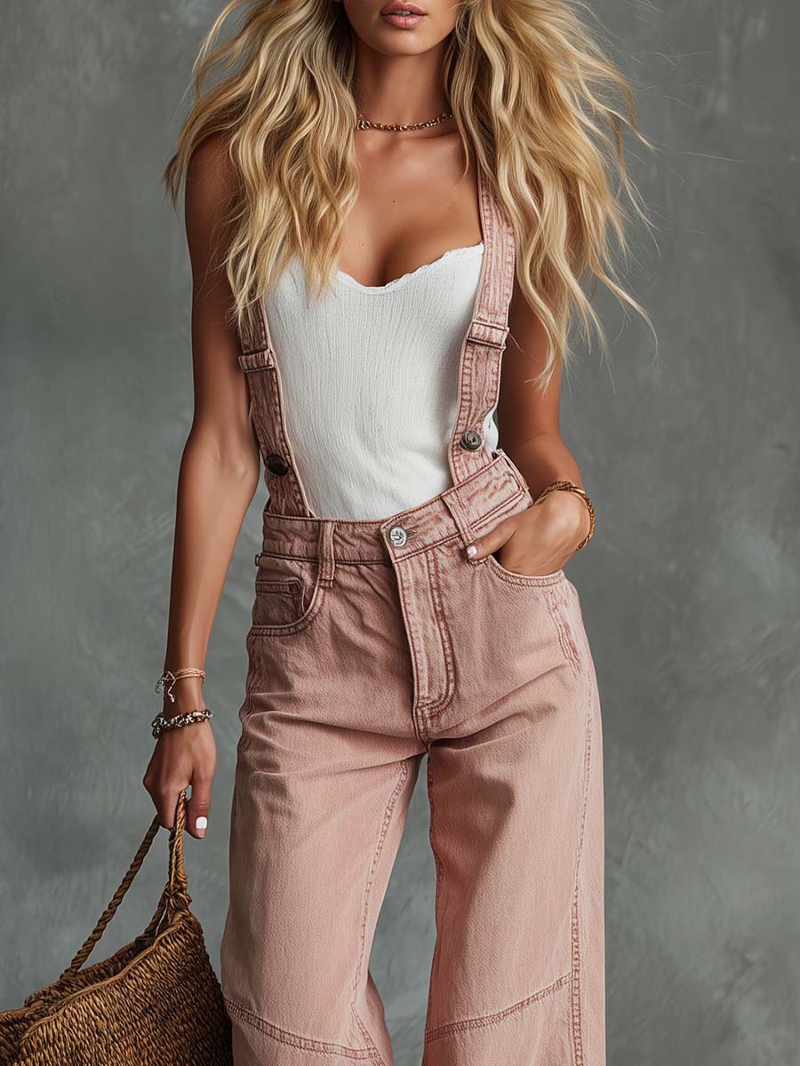 Retro-Chic Pink Distressed Denim Wide-Leg Overalls