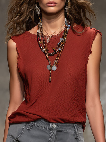 Casual Retro Deep Red Cotton Frayed Round Neck Top
