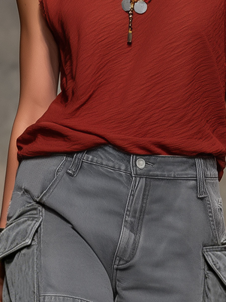 Casual Retro Gray Denim Frayed Edge 3D Pocket Shorts