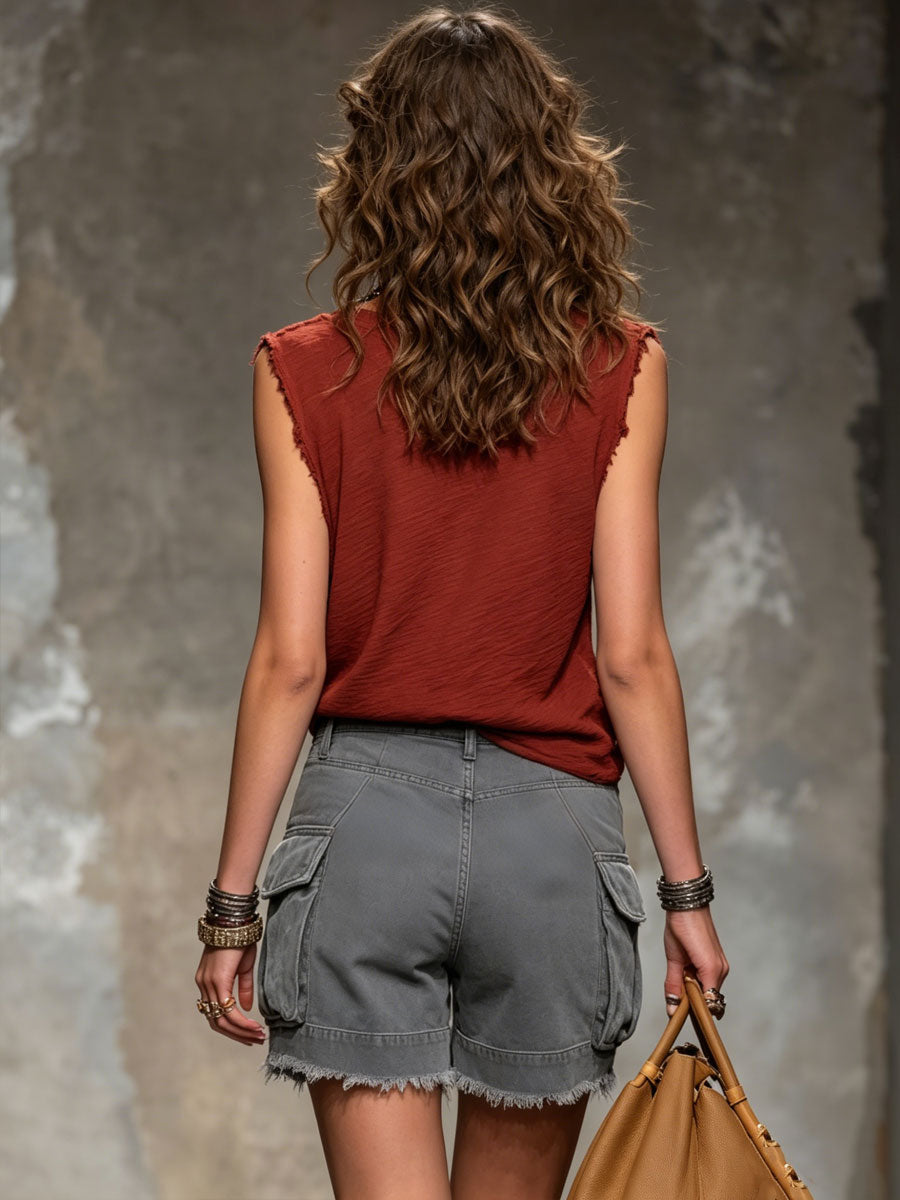Casual Retro Gray Denim Frayed Edge 3D Pocket Shorts