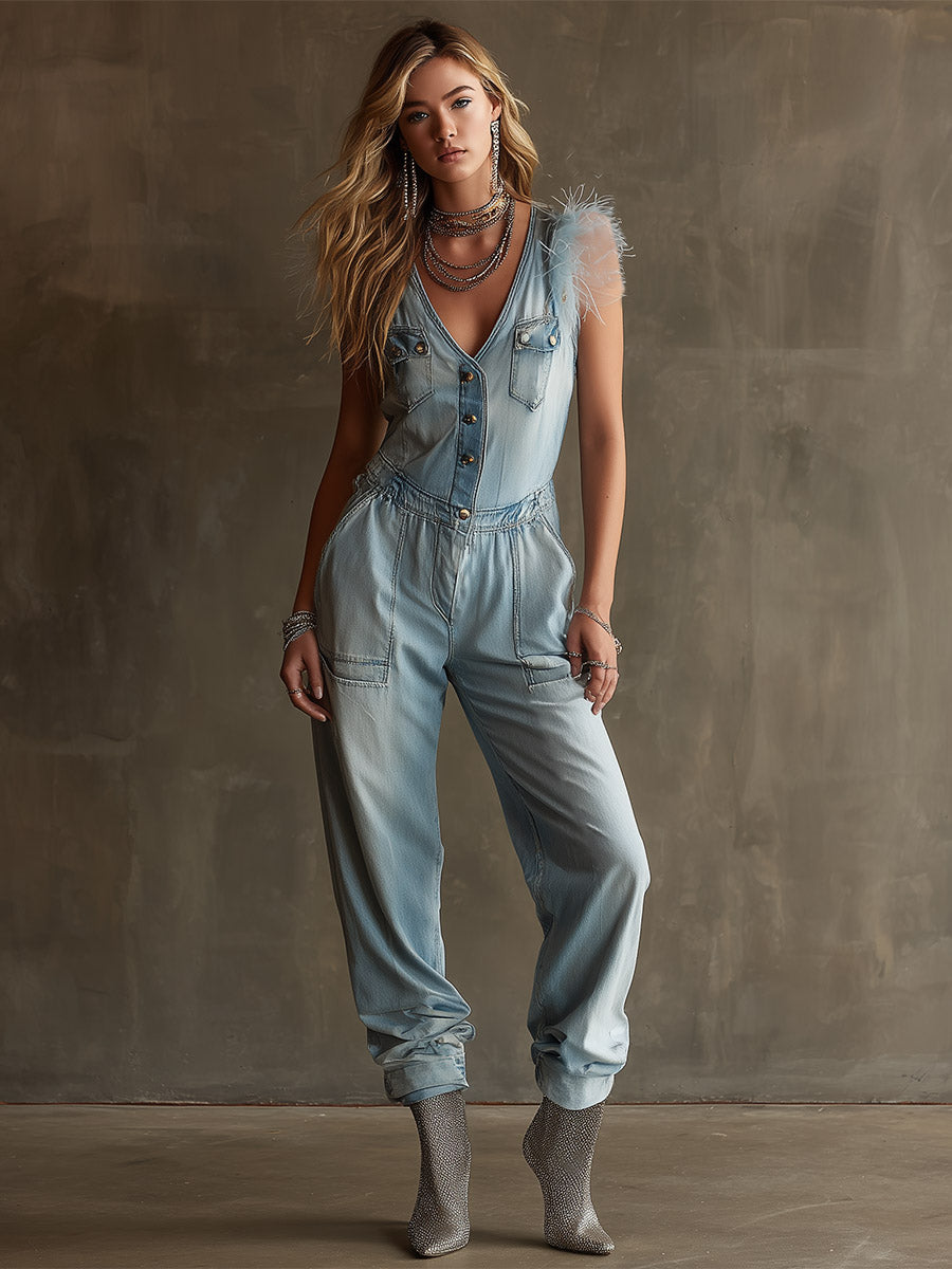 Retro-Chic Faux Fur Trim Distressed Blue Denim Jumpsuit