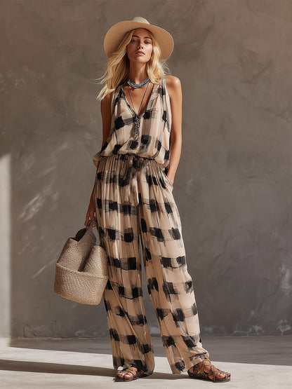 Retro Everyday Color-Block Abstract Grid Chiffon Top &amp; Pants Set
