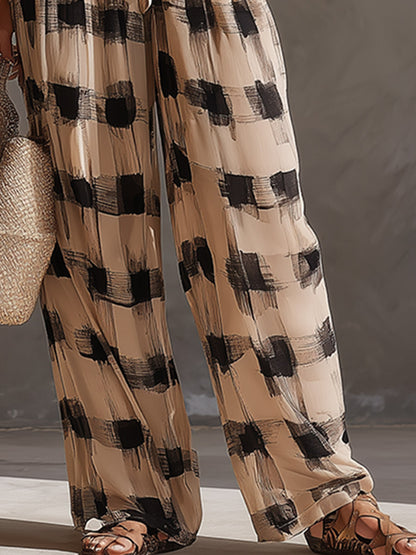 Retro Everyday Color-Block Abstract Grid Chiffon Top &amp; Pants Set